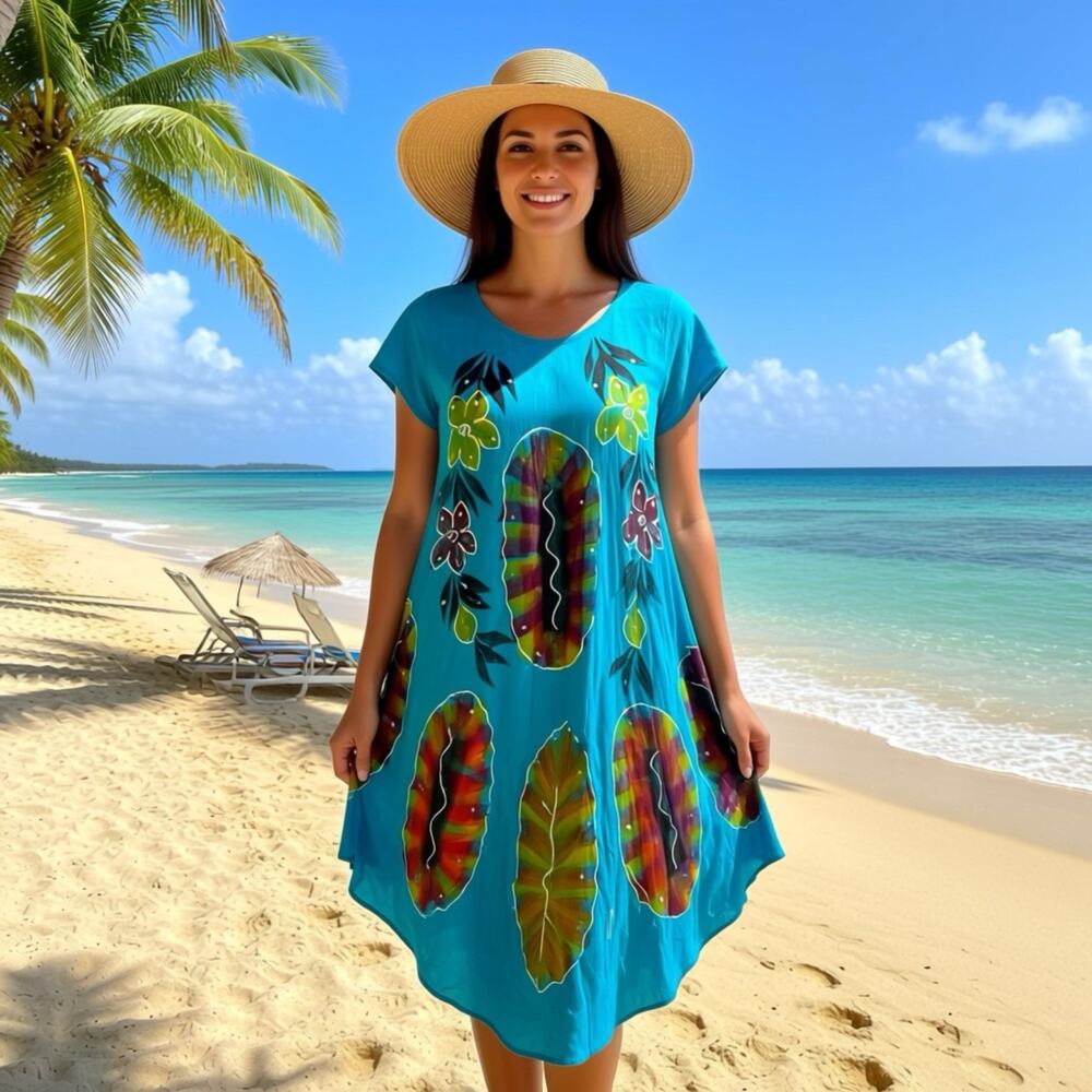 New Riviera Sun Blue TieDye Summer Mumu HouseDress Floral Hand Painted Design L